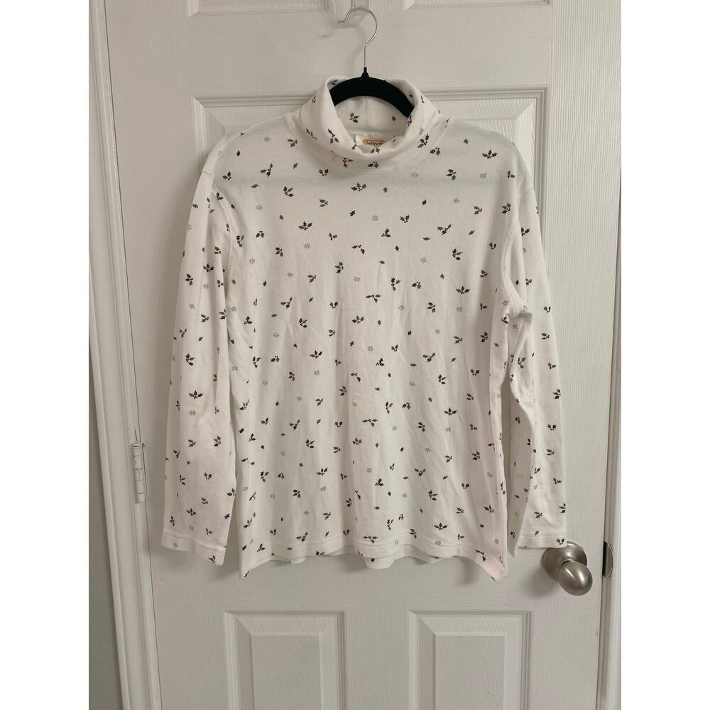 Vintage Talbots Holly Snowflake Turtleneck Top Size L White Christmas Microprint